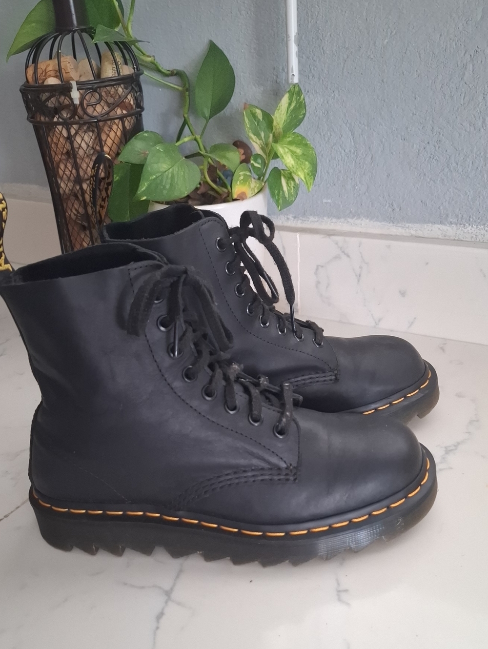 Dr. Martens Women Black Leather Lace-Up Combat Boots with Yellow Stitch Accent